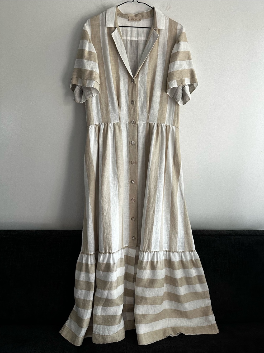 Purotatto 100% Linen Striped Button-Front Maxi Dress in Beige & White Size 46